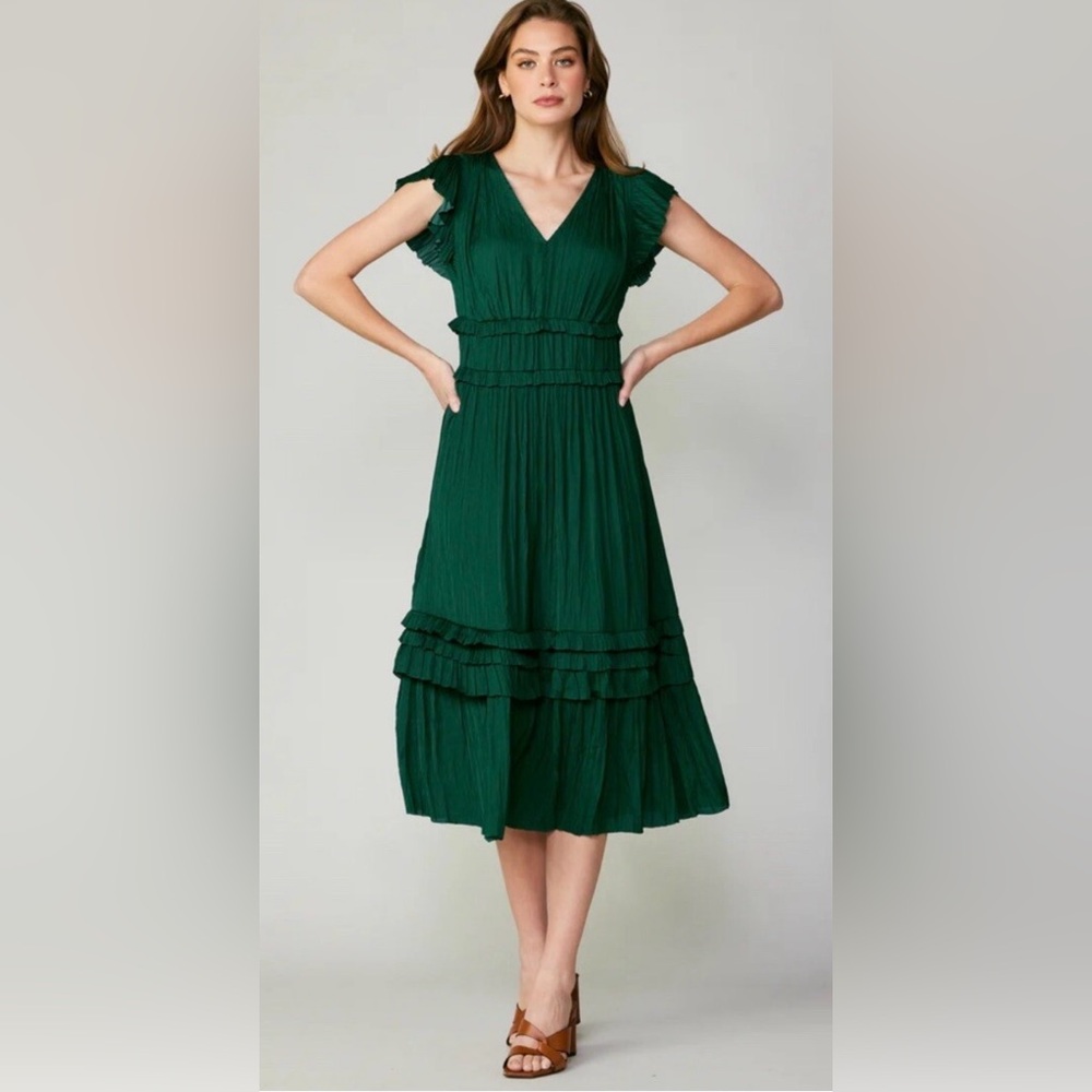 Anthropologie Current Air Forest Green SEREIA PLEATED MIDI DRESS Size 1X
